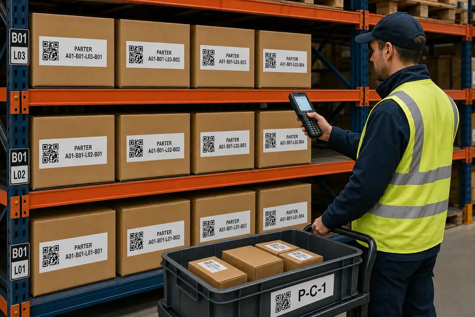 Picker care scanează produse în depozit cu Putaway WMS în timpul colectării comenzilor